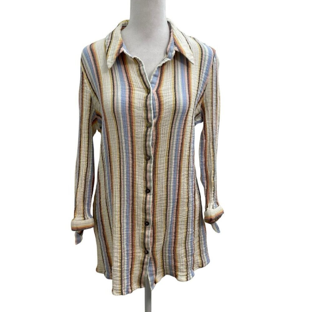 Soft Surroundings Slub Cotton Gauze Stripe Button Down Shirt Beachy size Large